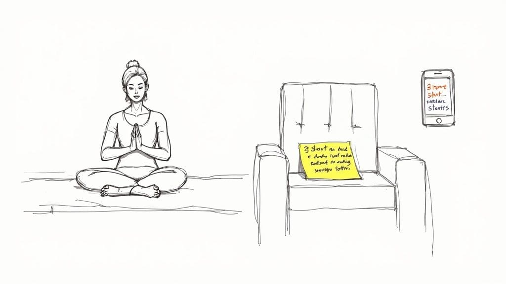 Woman practicing meditation and mindfulness with phone showing breathing reminders and sticky notes for anxiety management before date