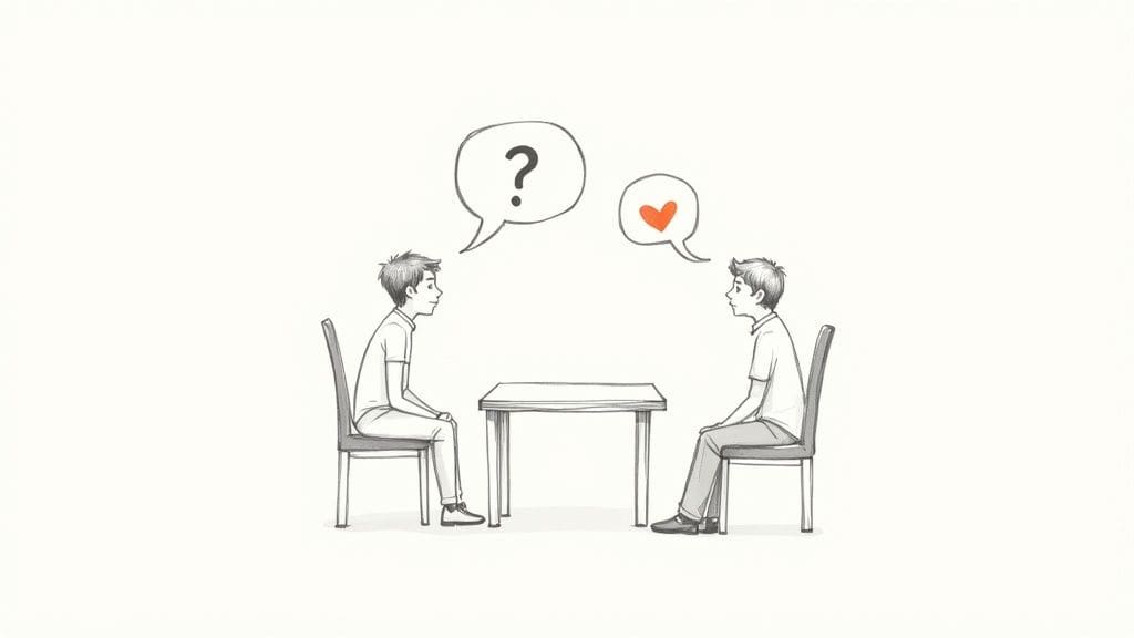 Two people sitting at table with question mark and heart speech bubbles above showing dating conversation and building romantic connection