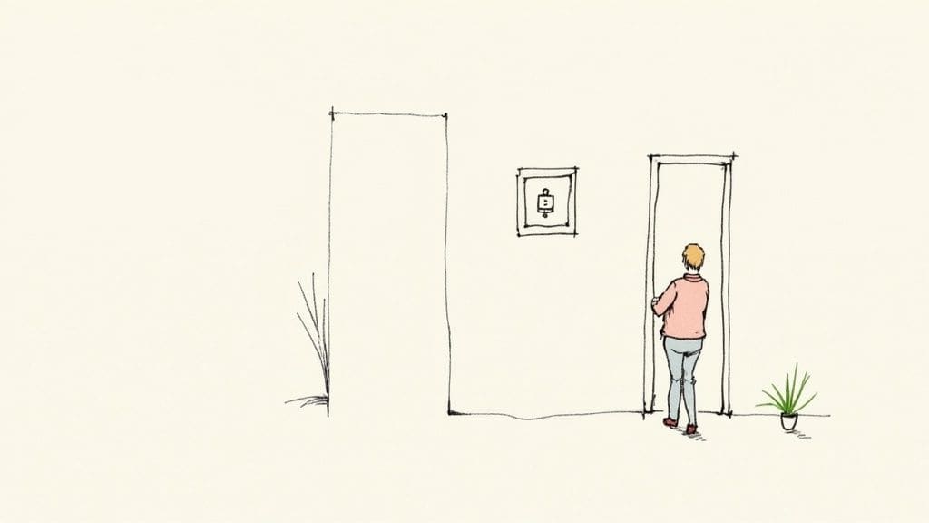 Person with social anxiety standing alone at doorway hesitating and contemplating entering room showing fear and uncertainty