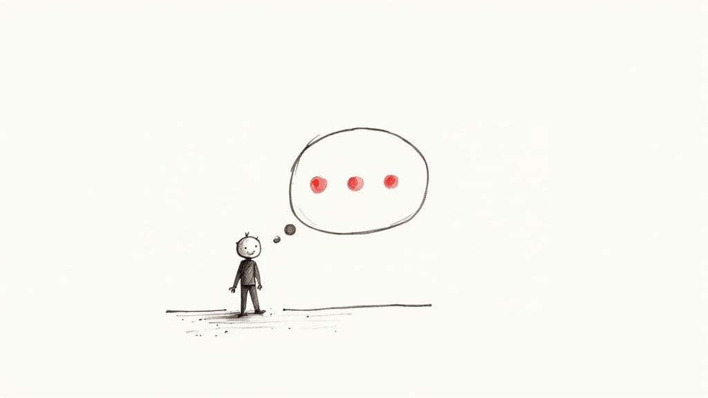 Simple sketch of person thinking with speech bubble containing three dots showing mental preparation for conversation