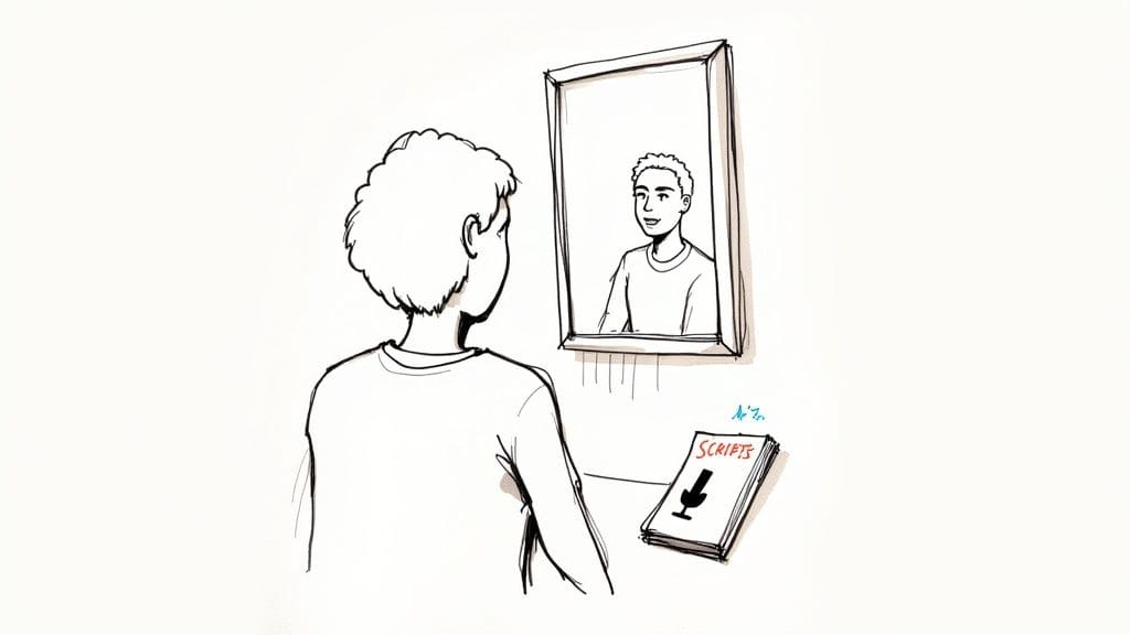 Person looking at mirror while holding book about social skills and self-improvement reflecting on conversation practice