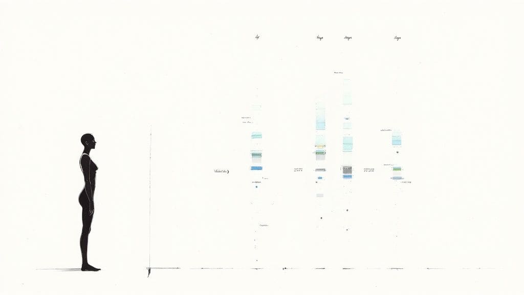 Side profile silhouette of person with abstract layered columns showing progressive muscle relaxation data and body awareness notes