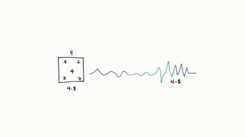 Diagram showing square box breathing pattern with numbers connecting to wavy line graph illustrating 4-8 breathing rhythm and flow