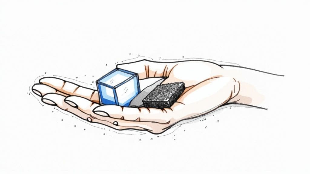 Cartoon hand holding translucent blue cube and dark textured rectangular block representing tactile grounding objects for anxiety relief