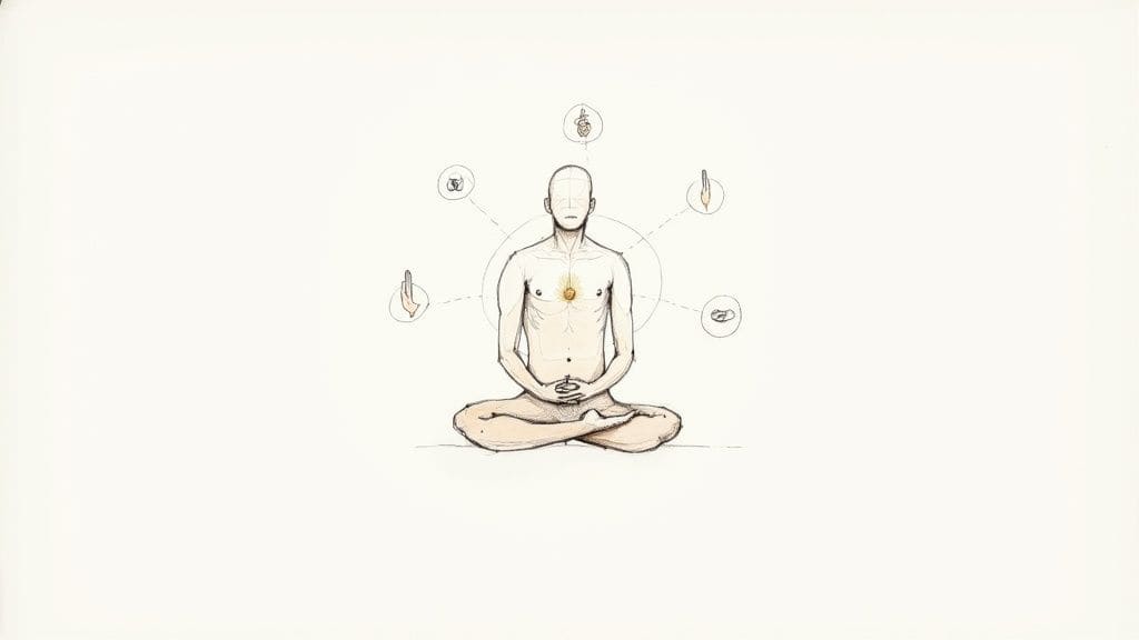 Person meditating in lotus position with glowing heart chakra surrounded by symbolic hand gestures representing inner peace and stress relief
