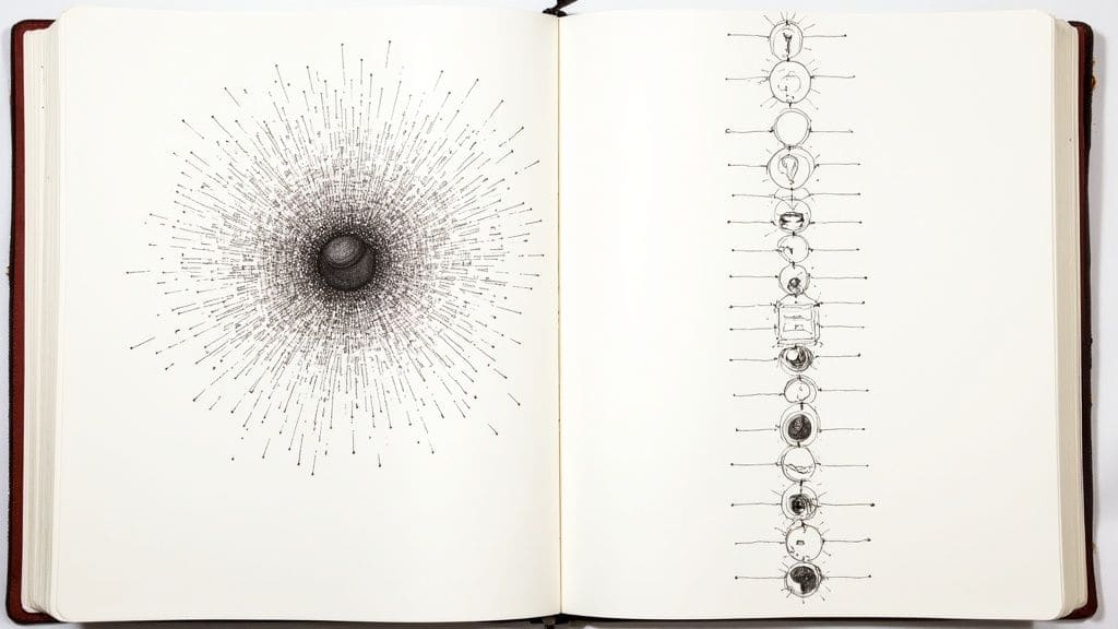 Open sketchbook with abstract ink drawings showing radial burst pattern and vertical circles representing mental clarity and thought organization
