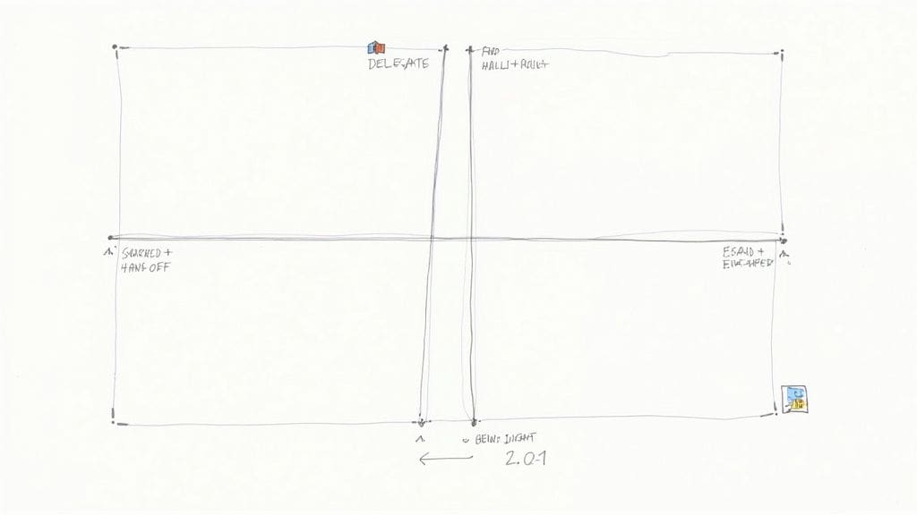 Hand-drawn workflow diagram divided into quadrants showing task delegation and prioritization system for managing overwhelm effectively