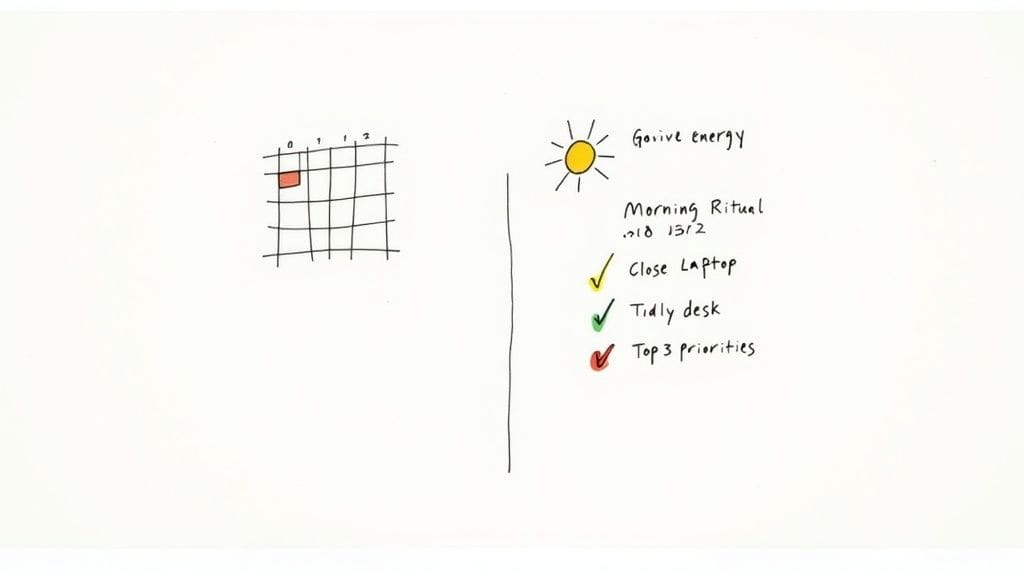 Hand-drawn morning ritual checklist with grid layout sun icon and completed tasks showing productivity habits for managing daily overwhelm