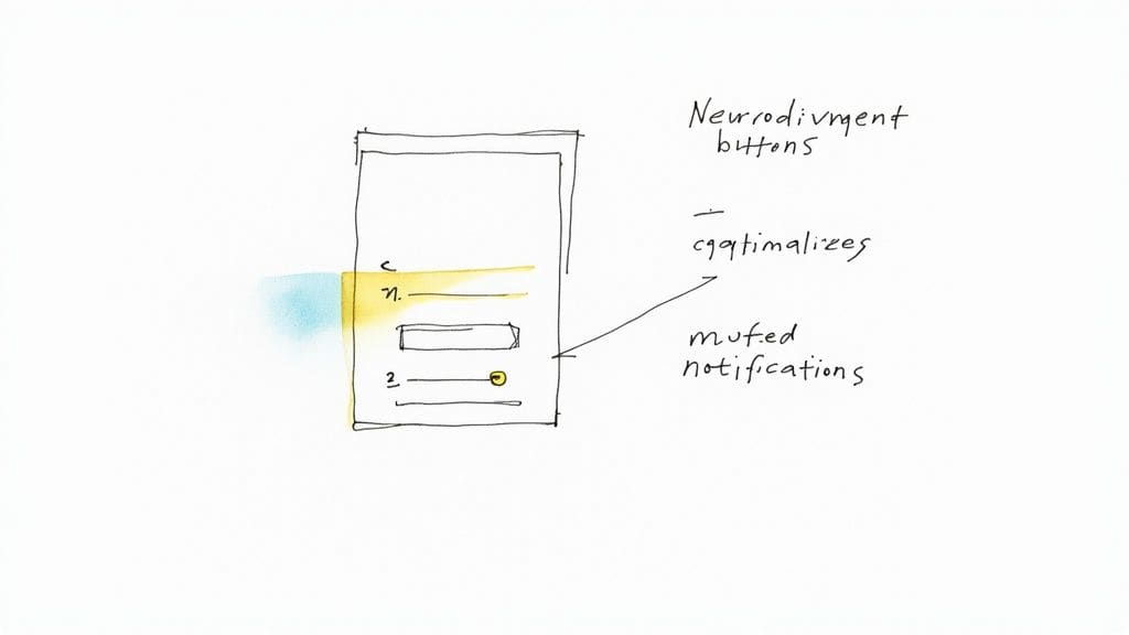 Whiteboard sketch illustrating various app features including adjustable text size privacy lock and customizable tone options for accessibility