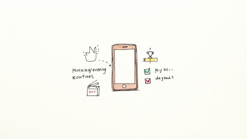 Hand-drawn sketch of mobile app interface featuring neurodivergent-friendly buttons and muted notification settings for accessibility