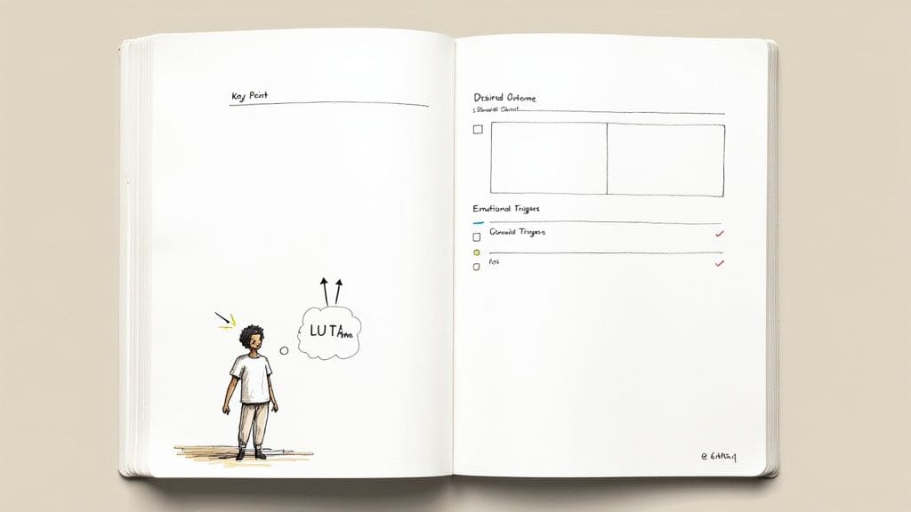 Open notebook displaying reflection journal with person thinking LUTA and sections for desired outcomes emotional triggers and conversation preparation