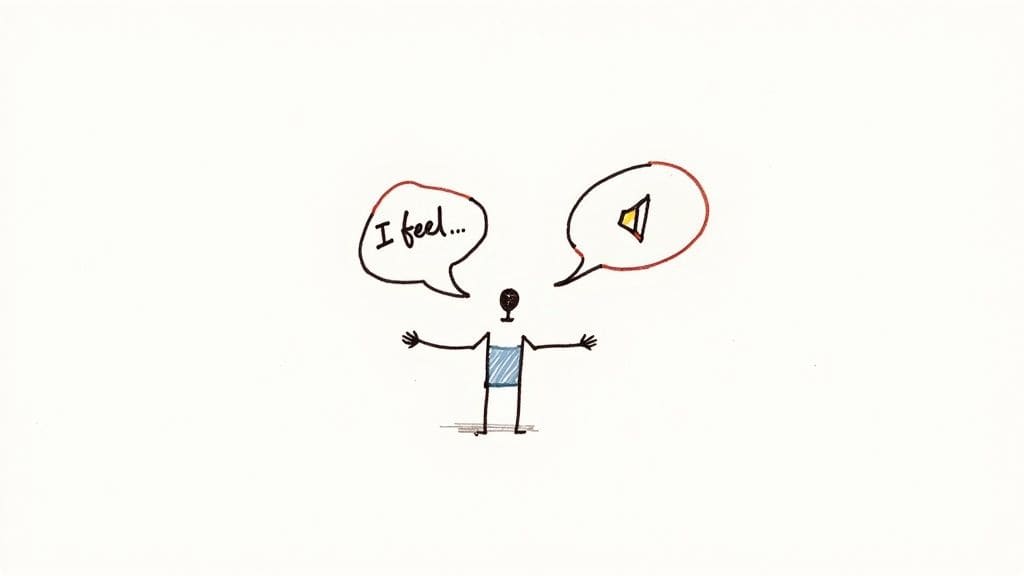 Simple cartoon stick figure with speech bubbles saying I feel and speaker icon representing effective communication techniques