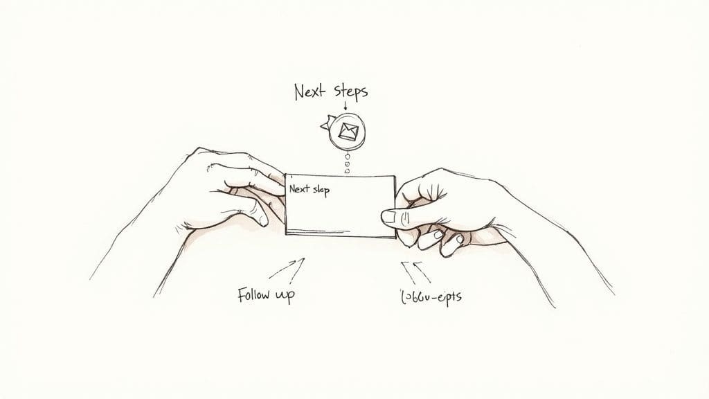 Two hands holding next step card indicating process management with next steps and follow up labels for conversation follow-through