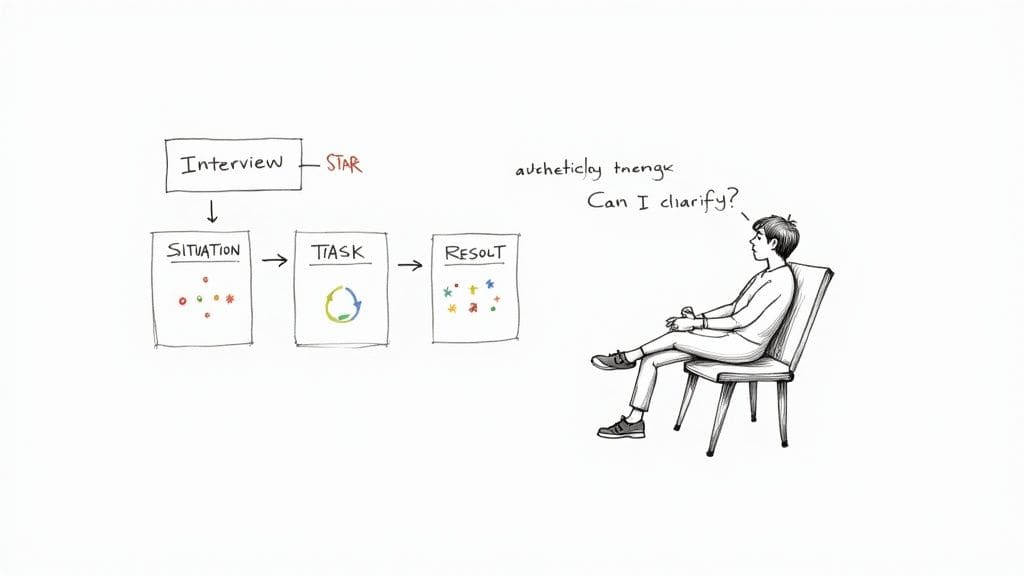 Woman sitting calmly in office chair surrounded by notes detailing self-regulation techniques for managing interview stress