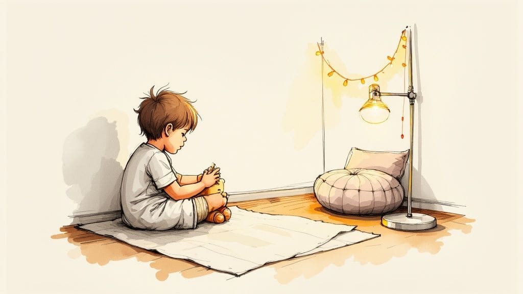 Child kneeling and blowing vibrant rainbow from pink cloud with sleeping cat and toy boat nearby