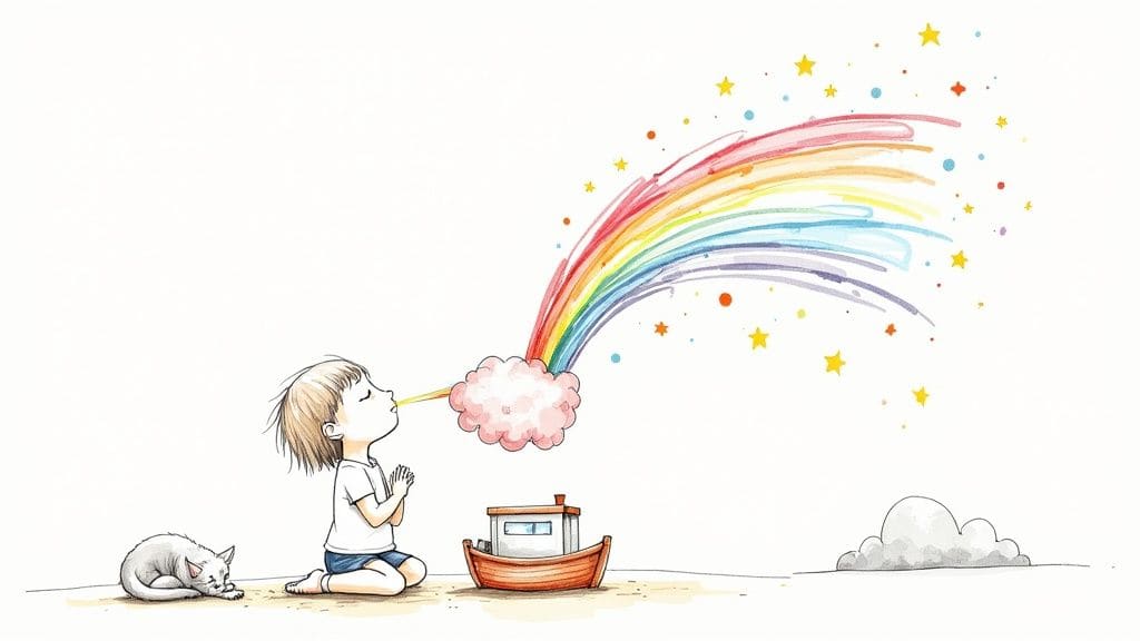 Young boy meditating peacefully with eyes closed wearing castle shirt next to notebook pen and headphones