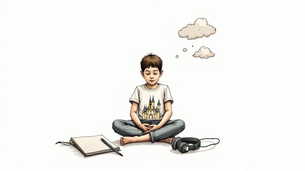 Whimsical drawing showing person moving towards chair with clean blanket gentle sound timer and colorful stones for sensory support