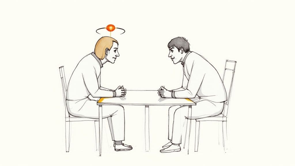 Illustration showing two people one thinking simply with book other with many colorful creative ideas bubbling