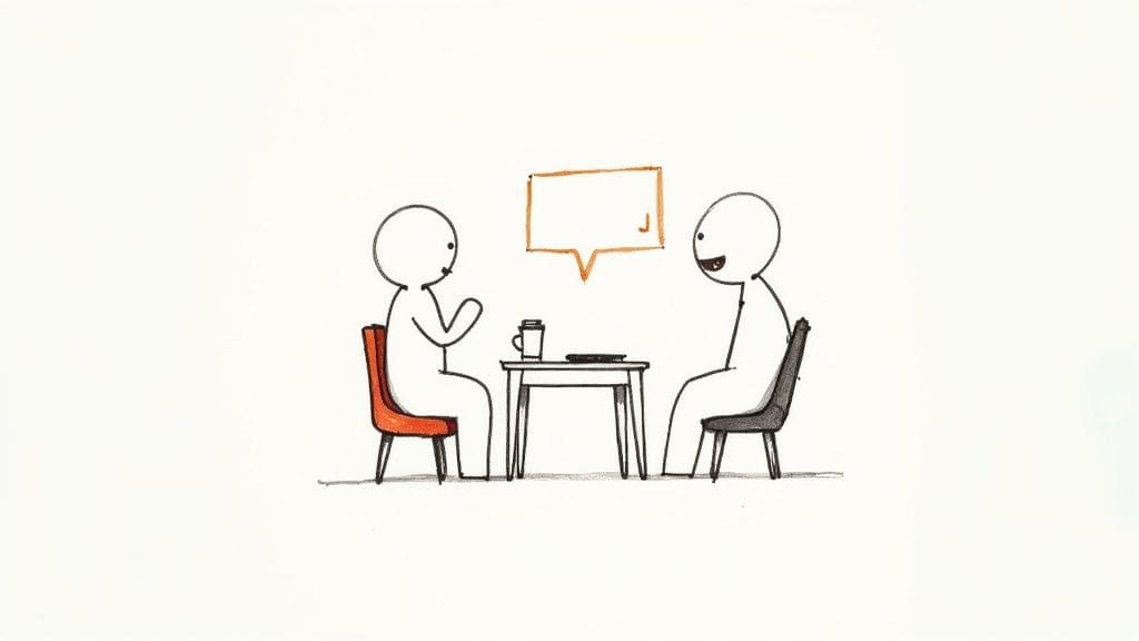 Simple drawings of two people talking showing different thoughts and perspectives in communication