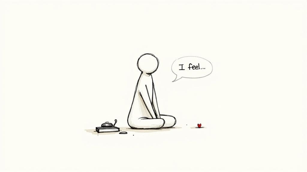 Woman deep in thought sitting in armchair next to smartphone displaying Practice Mode interface for conversation rehearsal