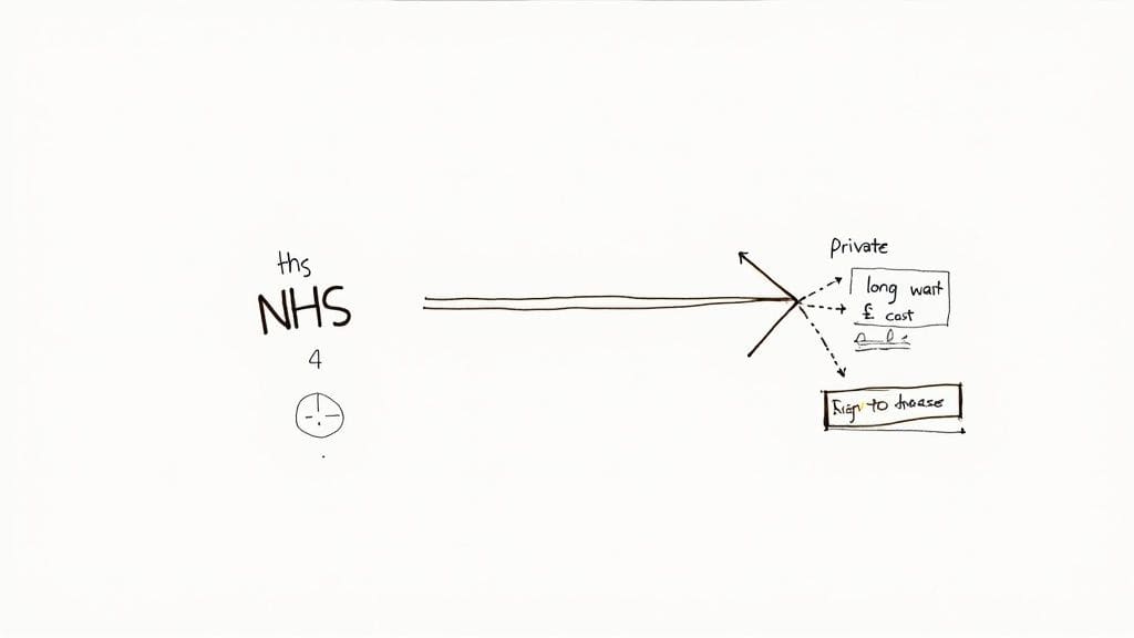 Minimalist sketch of woman with thoughtful expression looking up at two thought bubbles representing appointment anxiety