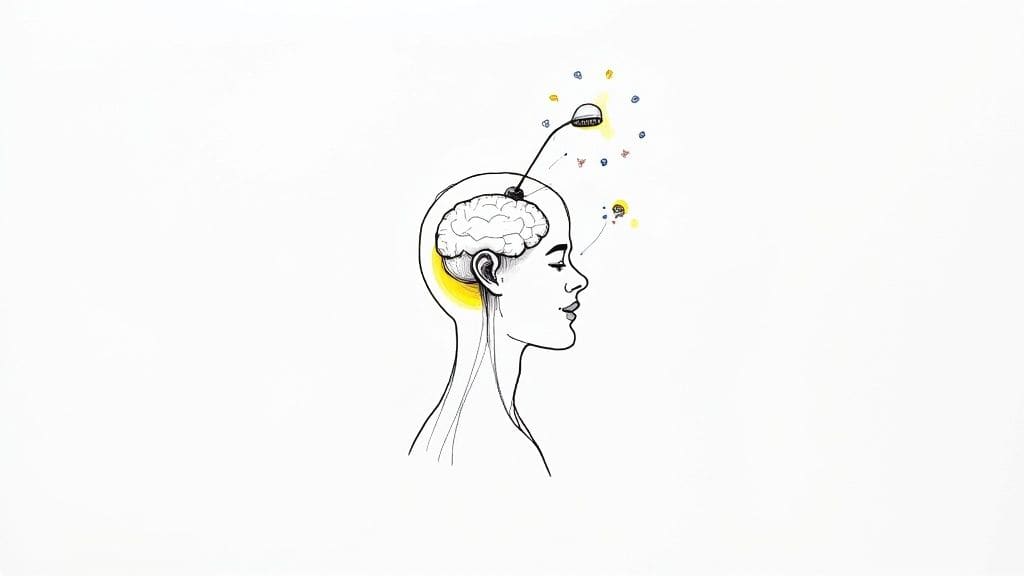 Cartoon drawing of joyful person laughing with colorful dots and positive thoughts floating around their head representing endorphin release