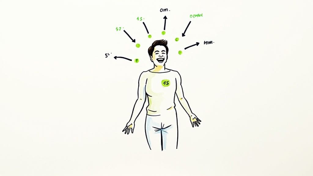 Simple drawing of six stylized people in lineup with question mark showing social confusion and misunderstanding of nervous laughter