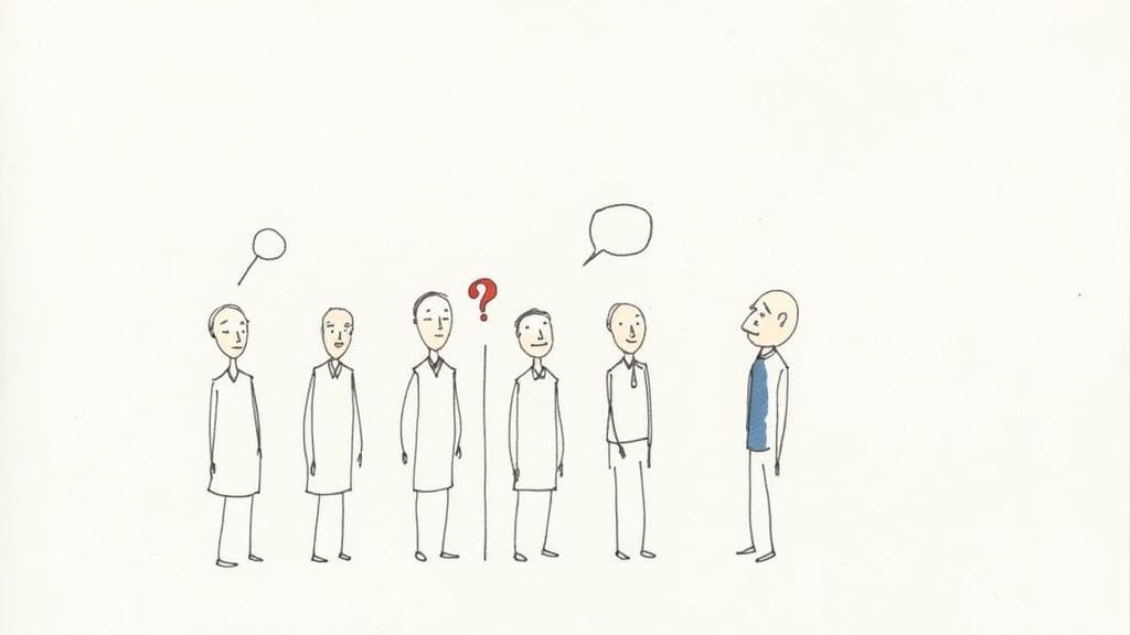 Hand-drawn sketch of person in profile with speech bubble and grounding technique notes showing real-time coping strategies