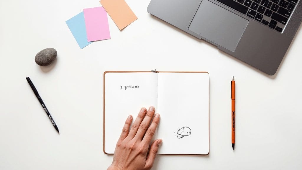 Hand-drawn doodles of confused face directional arrows and head with lightning bolt symbolizing workplace stress and mental overwhelm