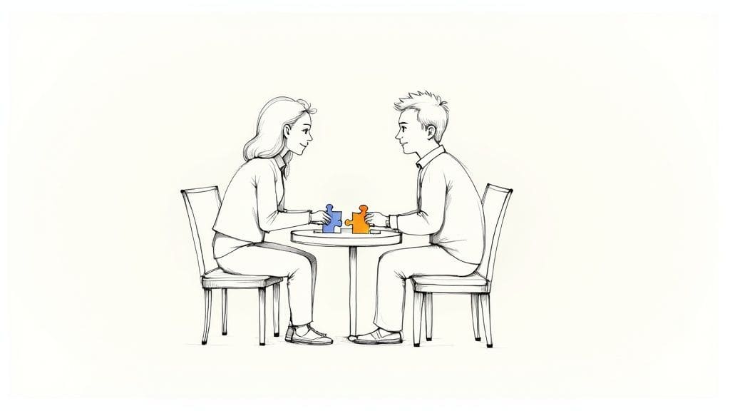 Illustrated hand with open palm below speech bubble with phrases I felt I was wondering My perspective for tactful communication