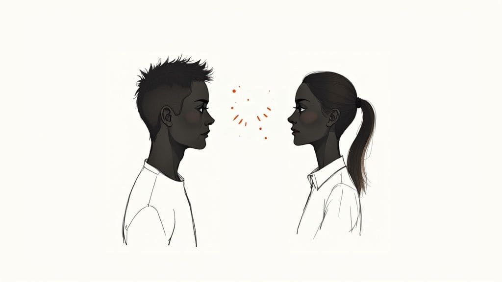 Triptych of doodle drawings showing calendar house with markings and stick figures communicating for planning difficult conversations