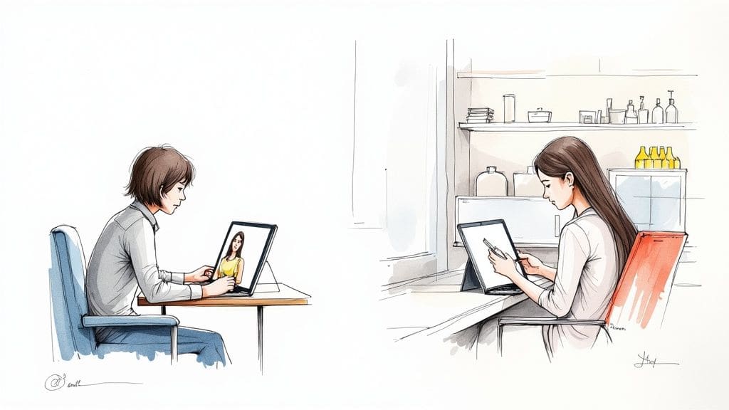 Two people engaged with digital tablets and laptops one video calling one using stylus for autism app communication practice