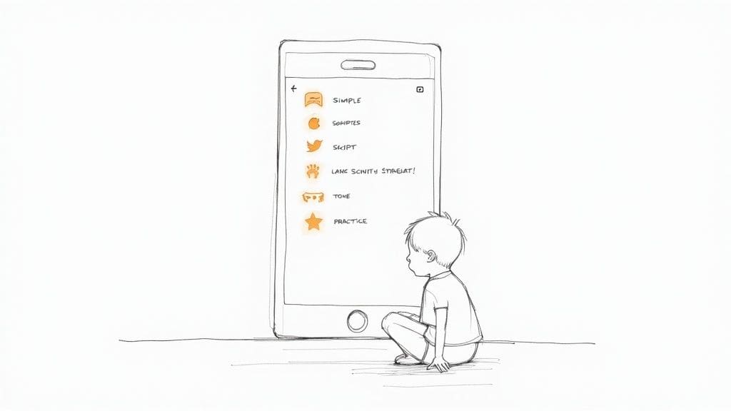 Hand-drawn app feature icons showing Scripts Tone slider Opt-out smiley and Calm tool bubble for autism communication