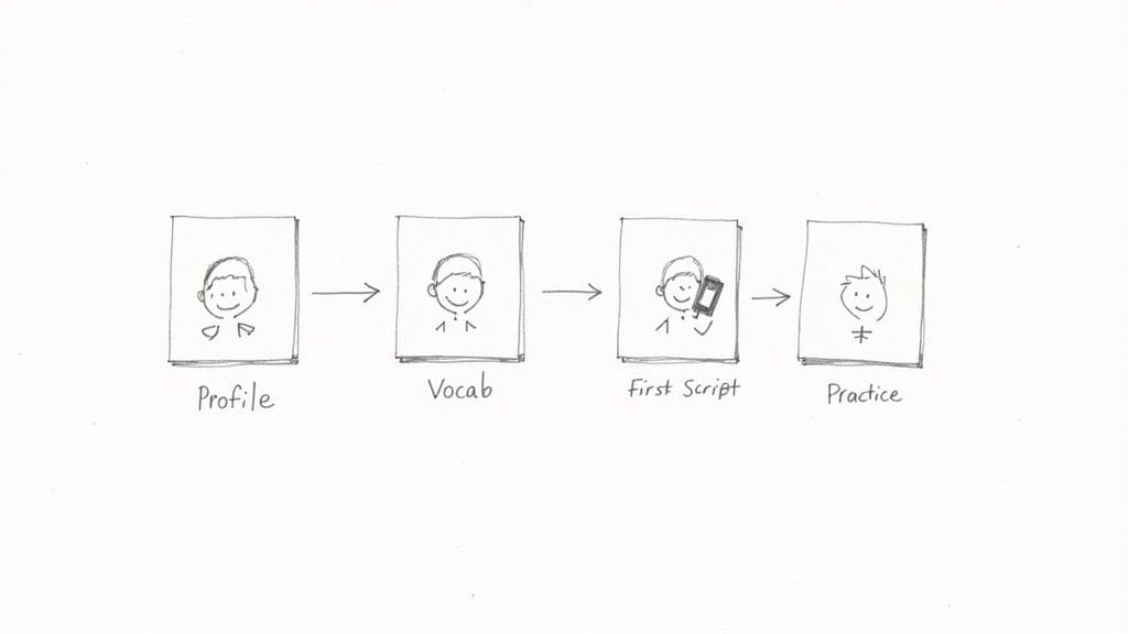 Four-step diagram showing communication process Profile Vocab First Script and Practice for autism app onboarding