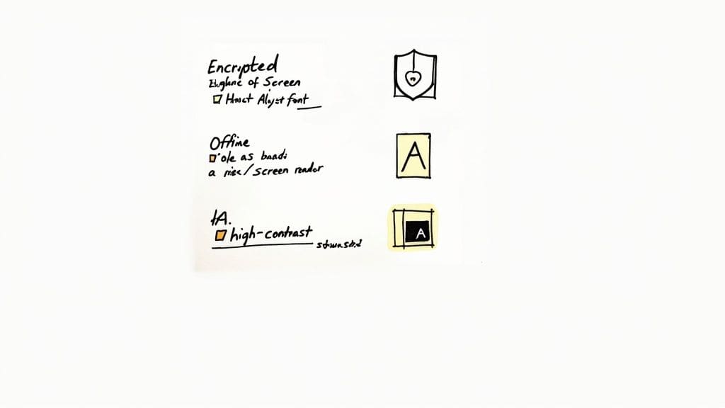 Handwritten notes and icons illustrating app features like encrypted offline and high-contrast modes for autism communication privacy