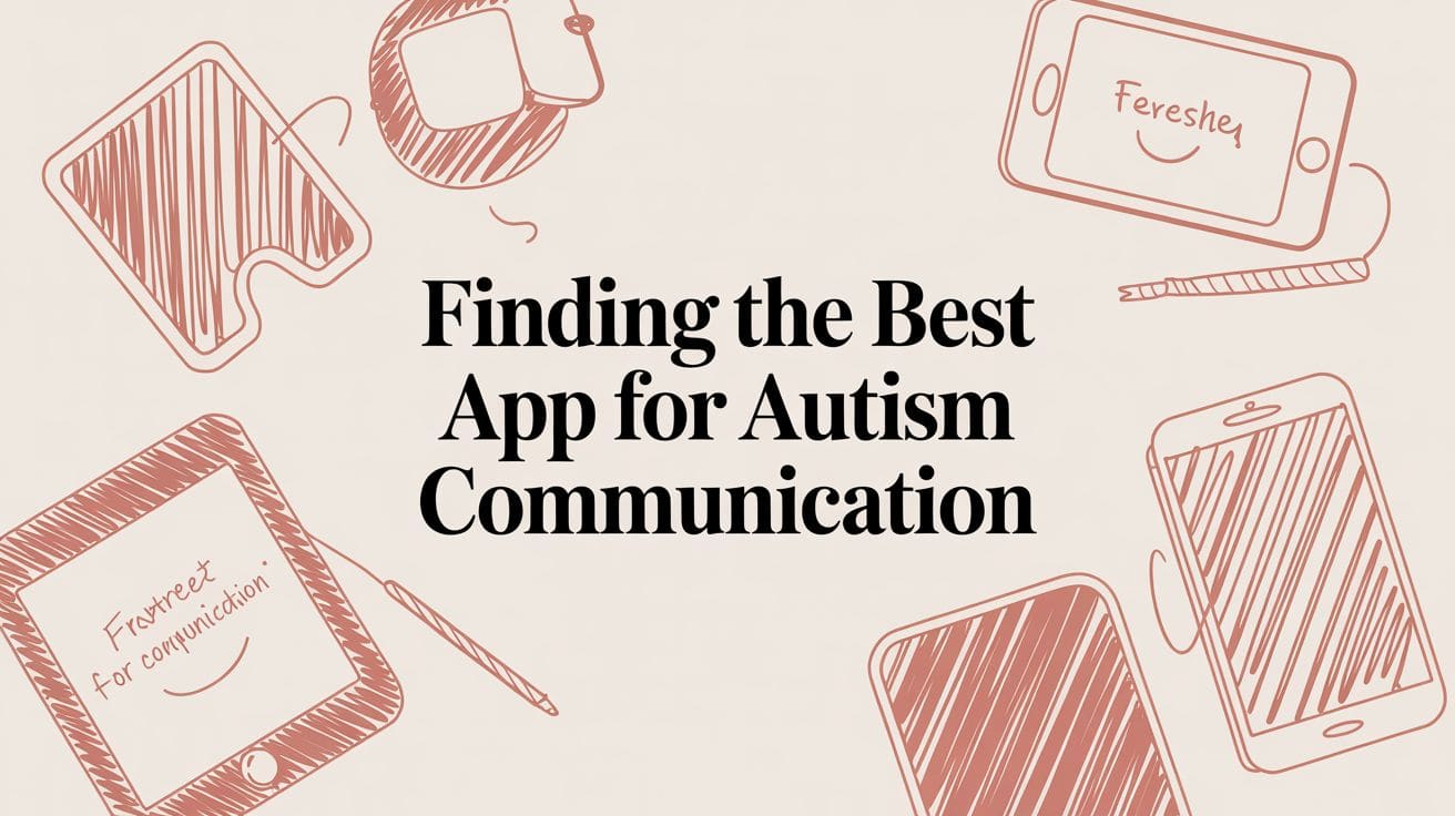 Sketch of child looking at smartphone with app options for communication and practice showing autism support features