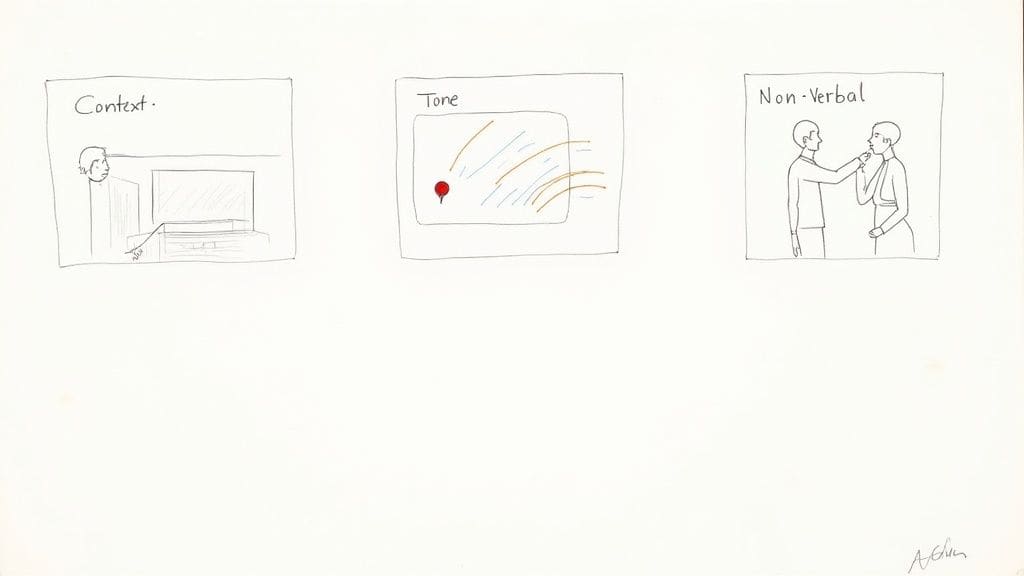 Hand holds smartphone displaying notes about busyness while young girl stands observing representing digital tools for interpreting social situations