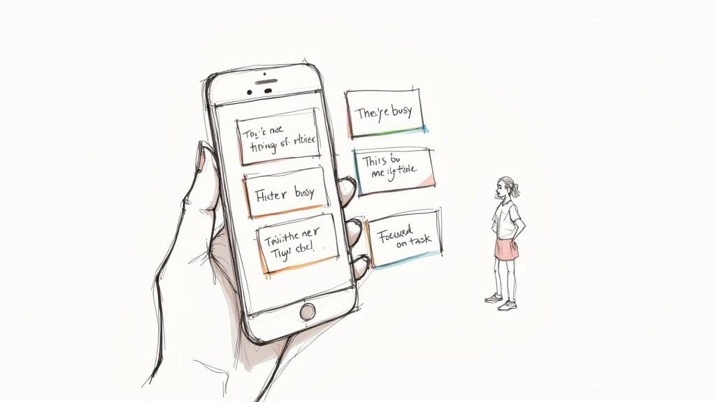 Two minimalist figures one gesturing while asking to clarify understanding with phrase displayed for requesting social clarification