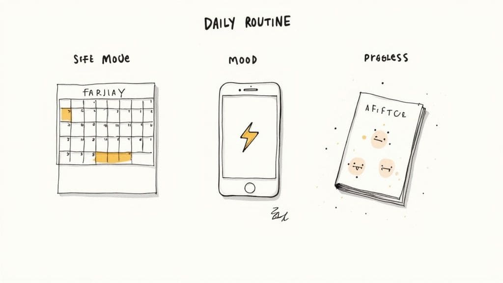 Person practicing social skills using smartphone app with conversation support tools and calming techniques for anxiety management