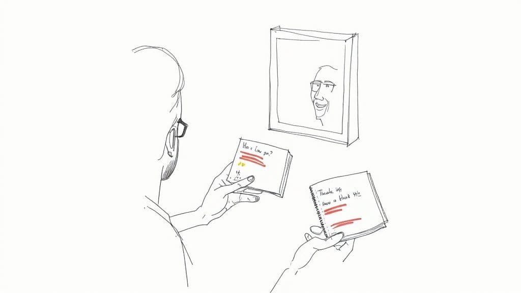 A person with glasses holding cards with social dialogue, reflecting a smiling face in a mirror.