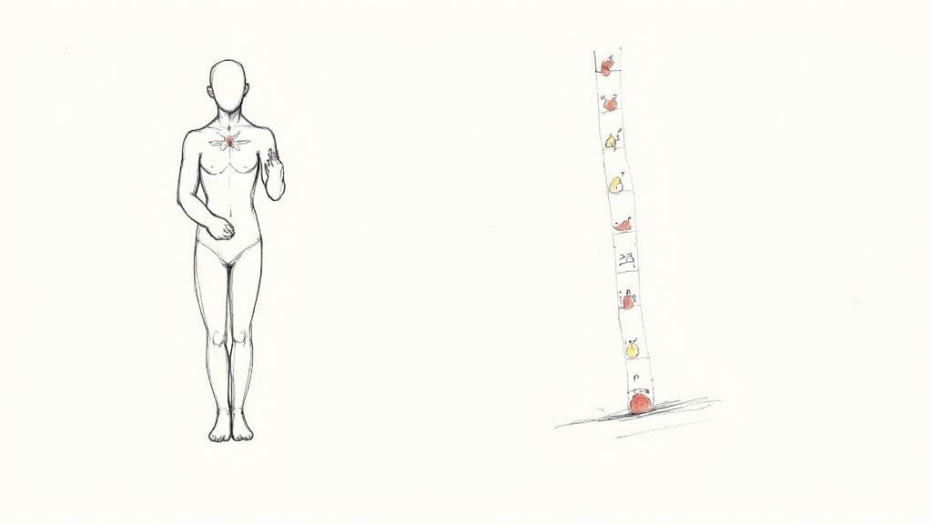 Minimalist drawing of a person with a red symbol on their chest, alongside a progress bar with various items.