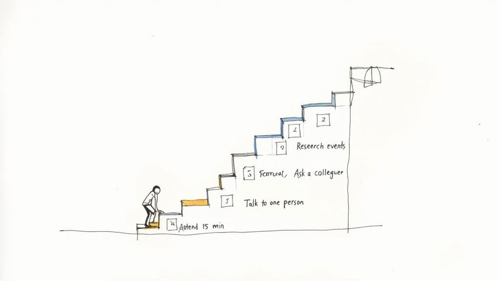 A person climbs steps, illustrating a progression of tasks to overcome social anxiety, from attending for 15 minutes to researching events.