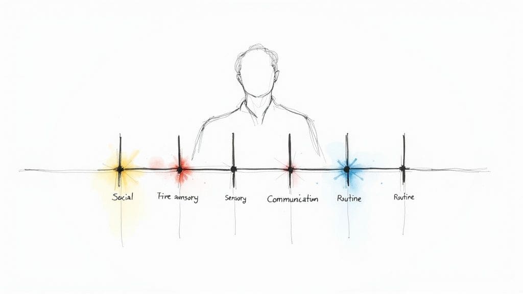 Hand-drawn diagram showing a person above a timeline marking social, fine motor, sensory, communication, and routine developmental areas