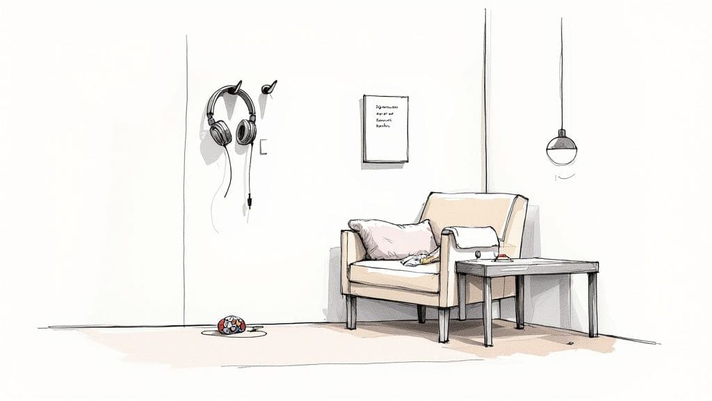 An illustrated, minimalist room with a comfortable armchair, side table, noise-canceling headphones, and soft ambient lighting