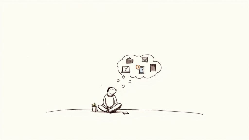 A minimalist cartoon shows a person sitting cross-legged in meditation, contemplating various needs and priorities in a thought bubble