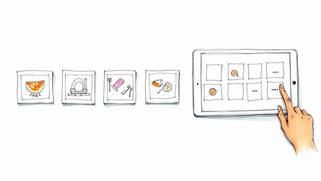 Person using AAC device with visual symbols for communication