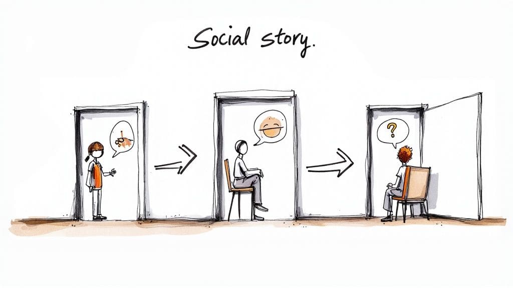 Illustrated social story showing step-by-step social interaction guidance