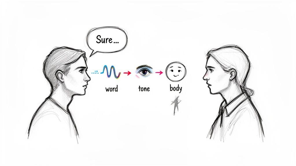 A woman analyzing a man's response of 'Sure' through three lenses: the word itself, his tone of voice, and his body language