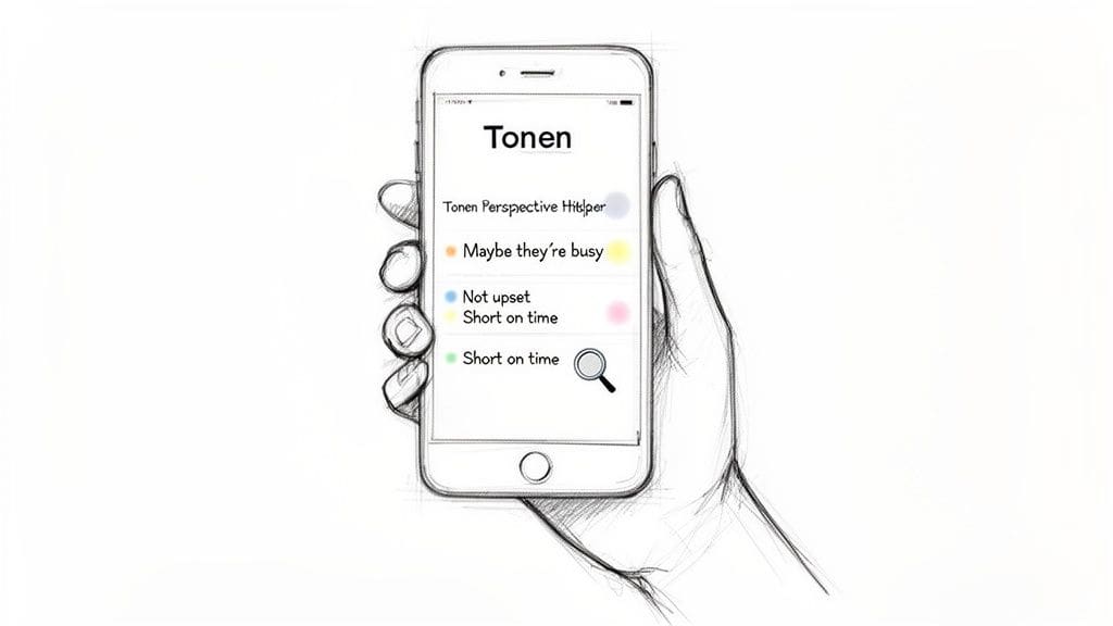 A hand holding a smartphone displaying the Tonen Perspective Helper app interface with various interpretation options and features