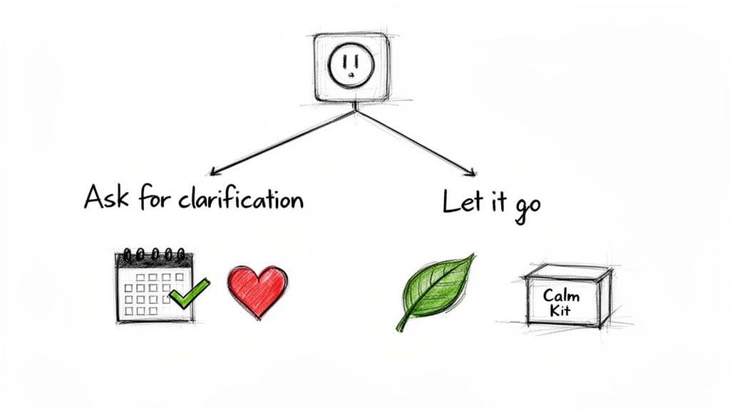A decision tree flowchart showing when to ask for clarification versus when to let go, with icons representing different scenarios and the Calm Kit